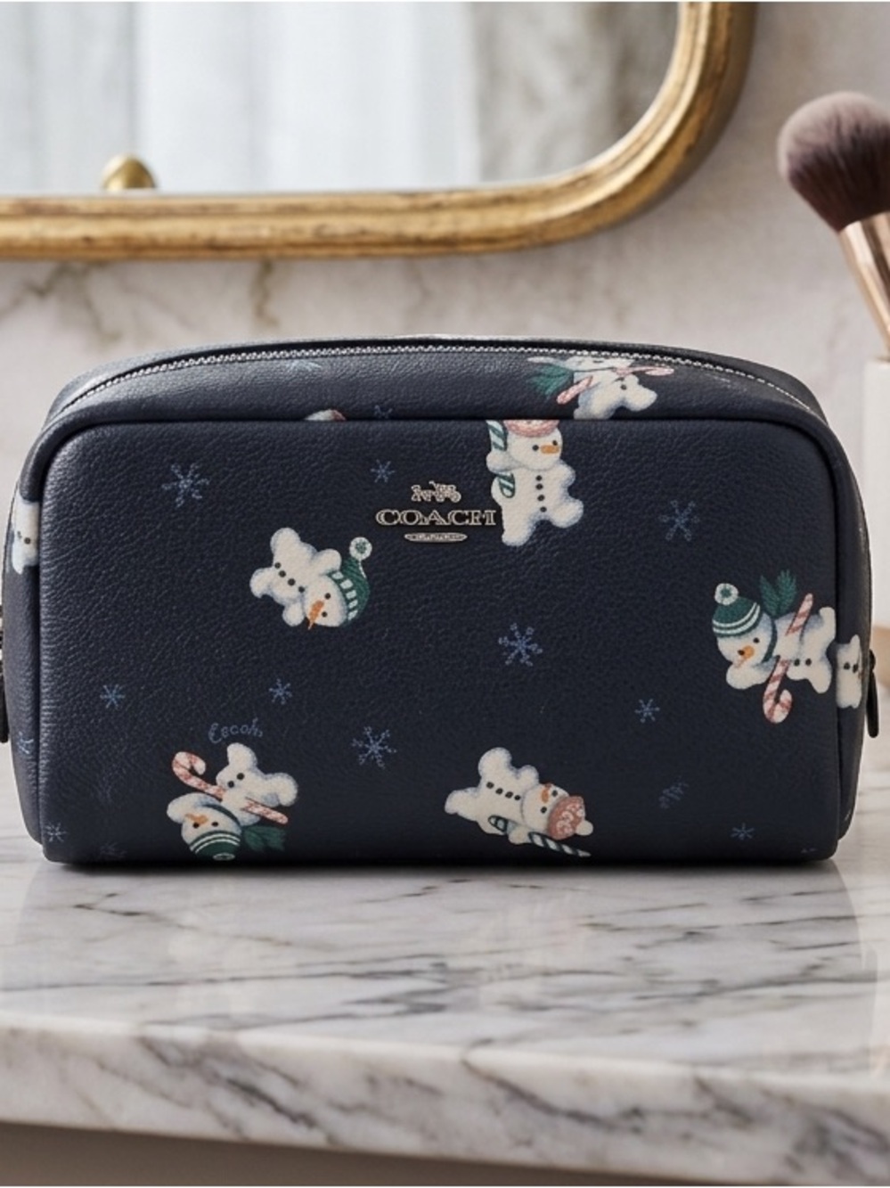 With COA Coach Snowman Holiday Cosmetic Case Navy Leather Makeup Bag Pouch